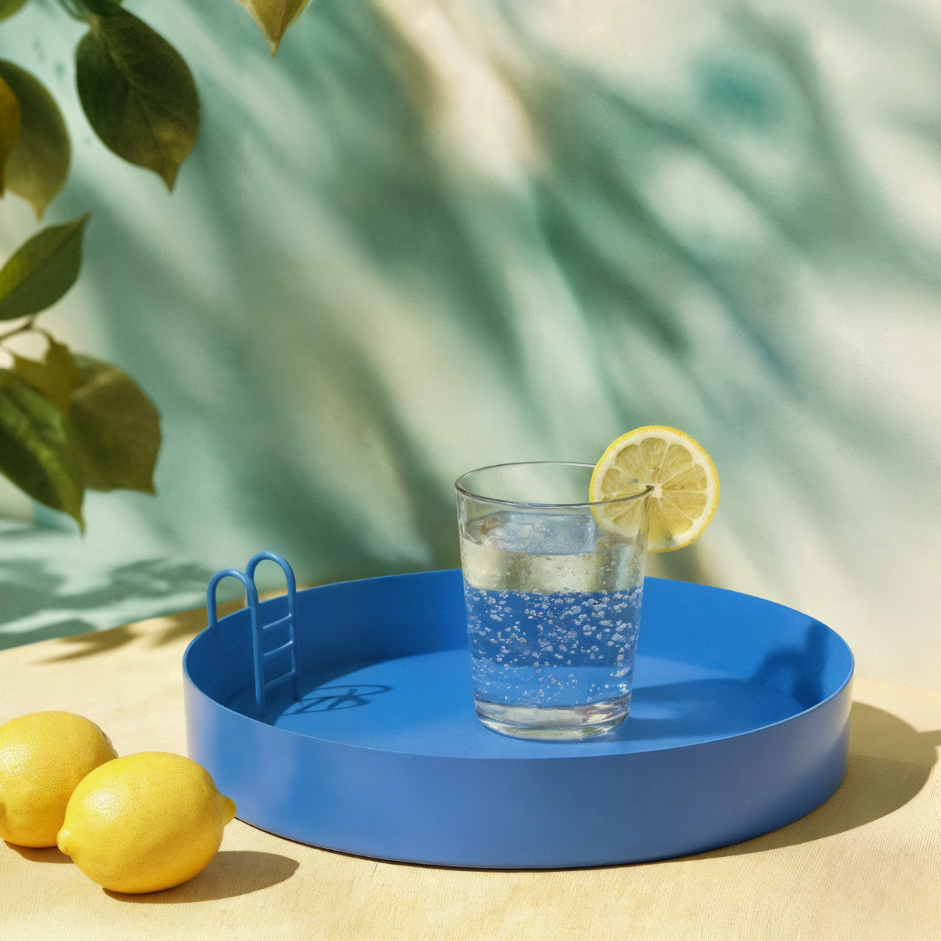 Blauer Tablett mit einem Glas Wasser und Zitronenscheibe, umgeben von Zitronen.