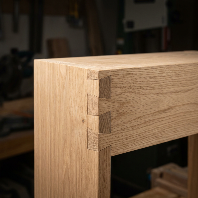Detailaufnahme einer Holzkante mit präziser Schwalbenschwanzverbindung.