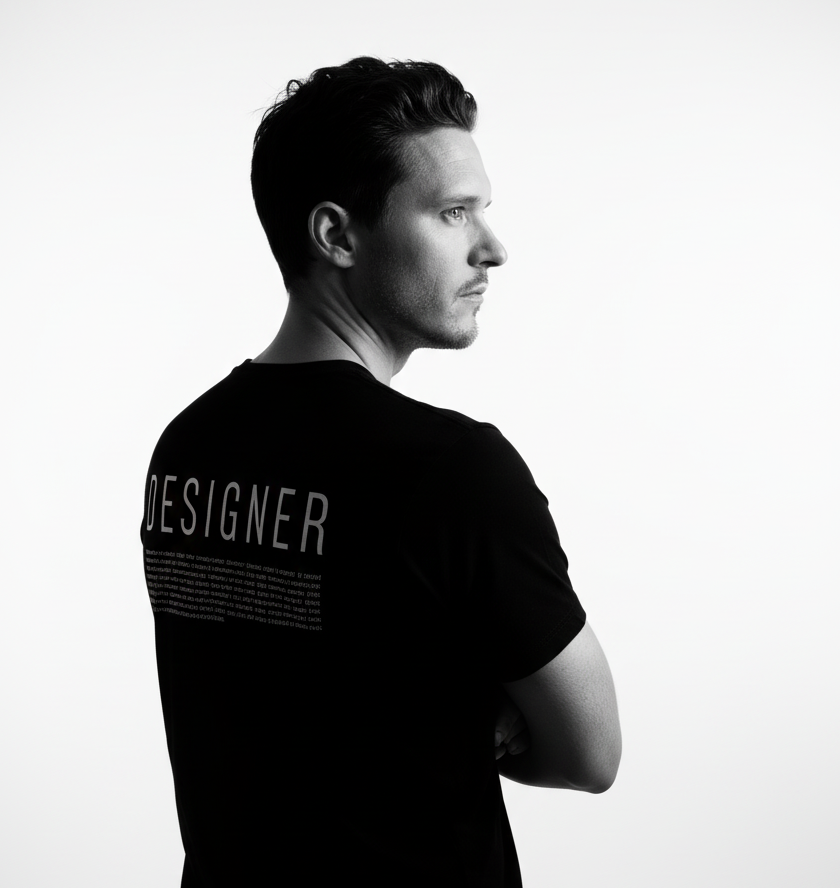 Mann mit T-Shirt, auf dem "DESIGNER" steht, schaut nachdenklich zur Seite.